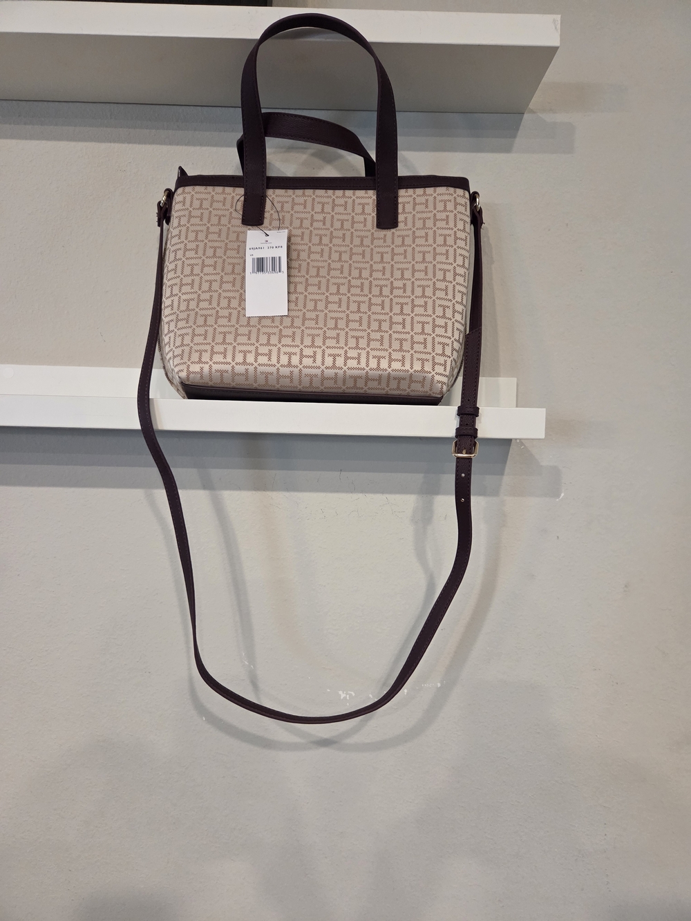 Tommy Hilfiger Cream Monogram Crossbody with Dark Brown Trim and Strap